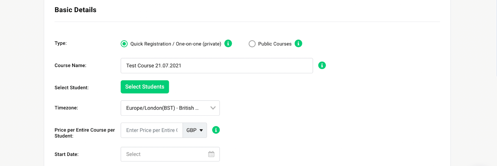 Quick Registration / One-on-One (private) course