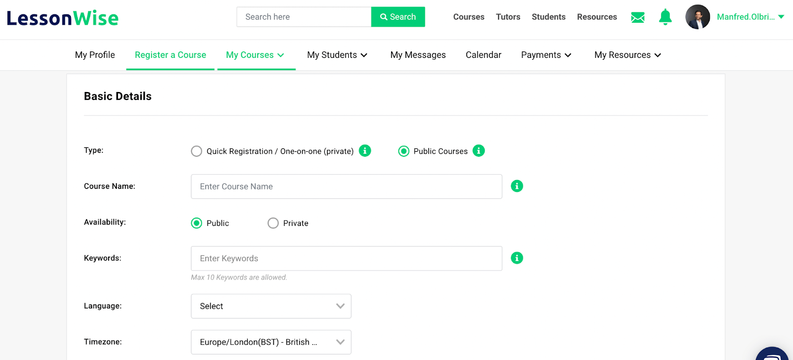 Registering a course