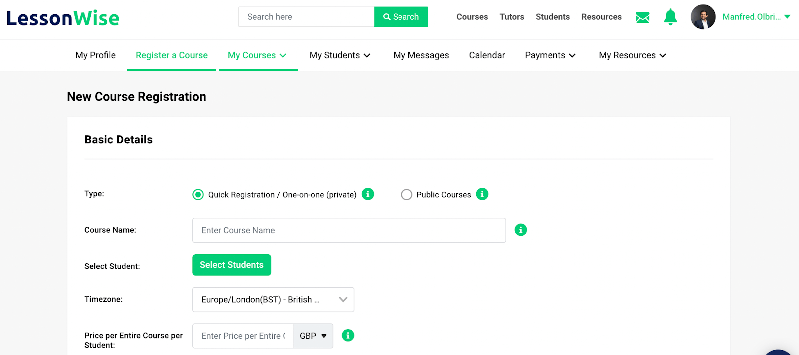 Registering a course in menu
